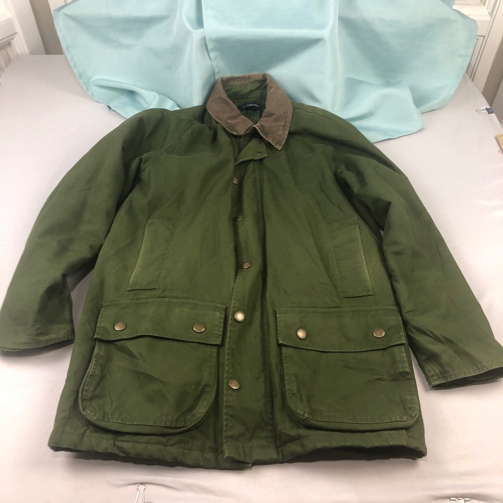 Lands End Mens Olive Green Cotton Canvas Quilted Field Jacket Barn Coat